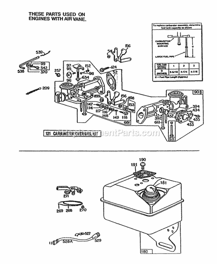 Side Pull Carb AssyFueltank Diagram and Parts List for 082232-0152-99  Briggs and Stratton Engine